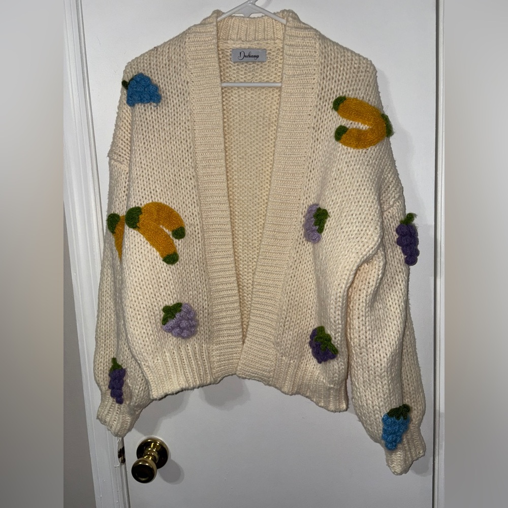 Anthropologie Duchamp Cream 3D Embroidery Knit Fruit Chucky Cardigan One size